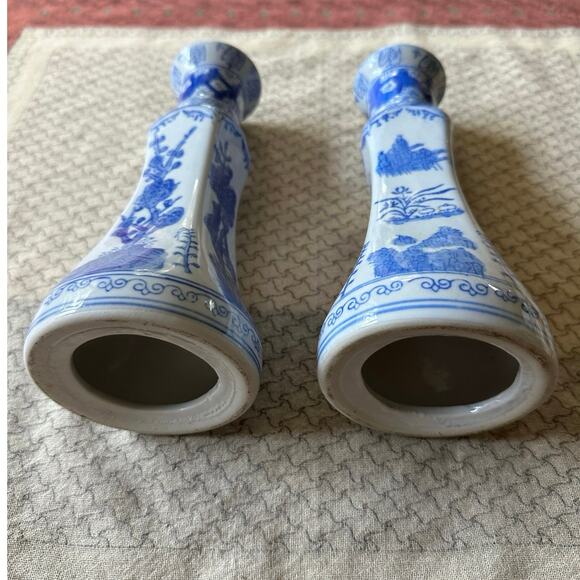 2 China Chinese Blue & White Porcelain Candlesticks Bamboo Prunus & Fungi pair - Picture 15 of 16